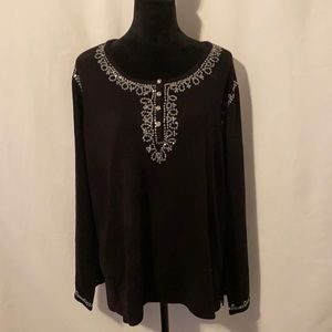 Motto Tunic Sweater with Sequin and Jewel Trim, Black, 2X, New